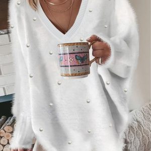 V Neck Casual Plain Pearl Fuzzy SKU175824571939949079