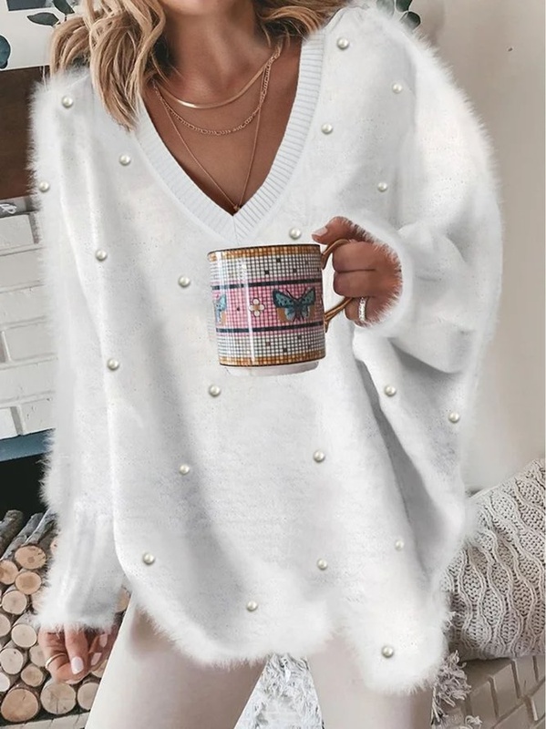 V Neck Casual Plain Pearl Fuzzy SKU175824571939949079