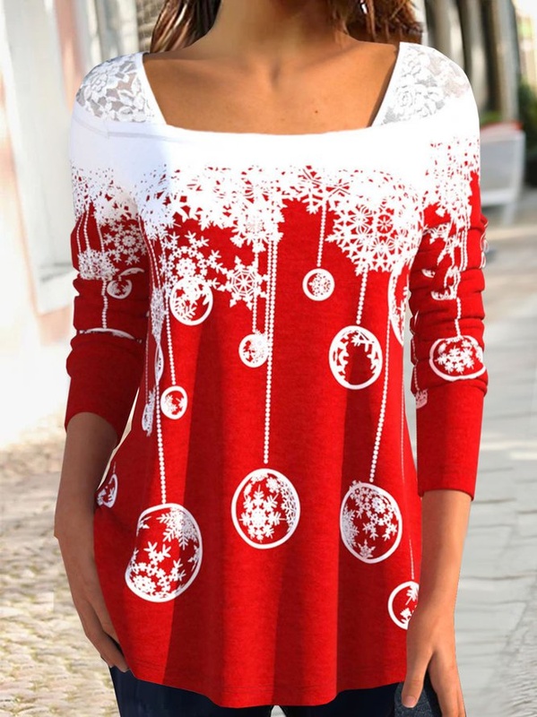 Patchwork Lace Square Neck Christmas Printed SKU175824571944498580
