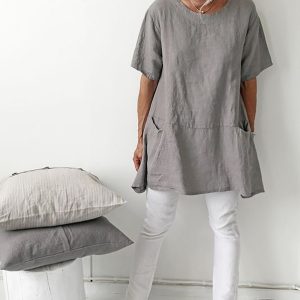 Woman Short Sleeve Crew Neck Pockets Shirts SKU175824571914467097
