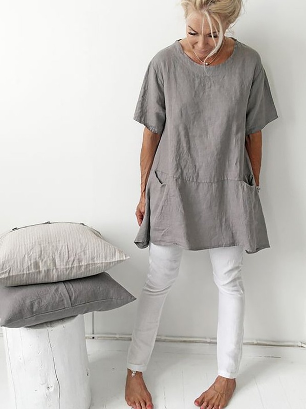 Woman Short Sleeve Crew Neck Pockets Shirts SKU175824571914467097